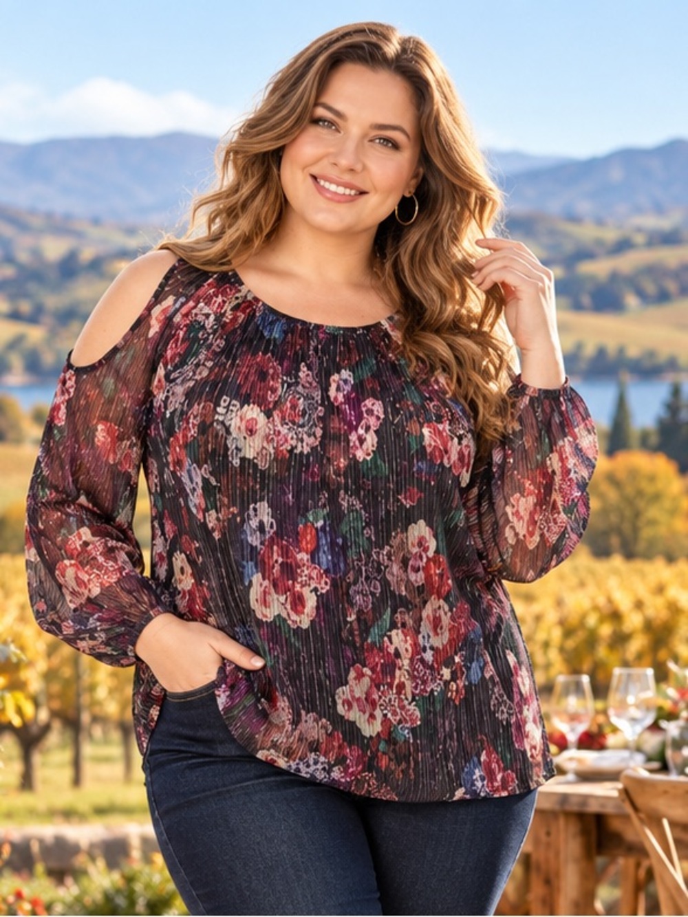 INC International Concepts Black Multicolor Floral Cold-Shoulder Blouse🐆